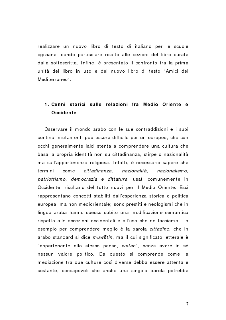 Anteprima della tesi: Progetti del Governo Italiano per la diffusione della lingua italiana nelle scuole egiziane. Il nuovo libro di testo ''Amici del Mediterraneo'', Pagina 4