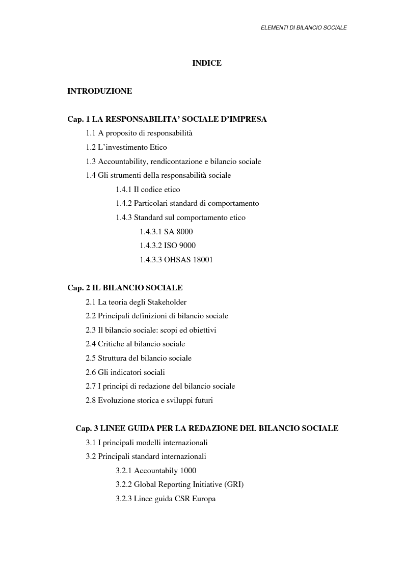 Indice della tesi: Elementi di bilancio sociale, Pagina 1