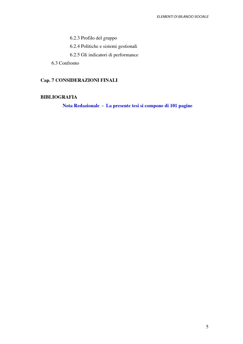 Indice della tesi: Elementi di bilancio sociale, Pagina 3