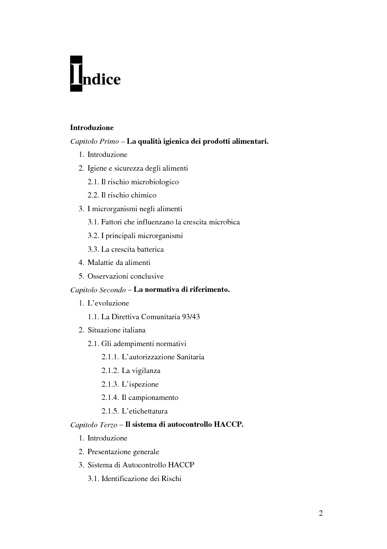 Indice della tesi: Il sistema di autocontrollo Haccp sull’igiene e la sicurezza dei prodotti alimentari (d.lgs 155/1997), Pagina 1