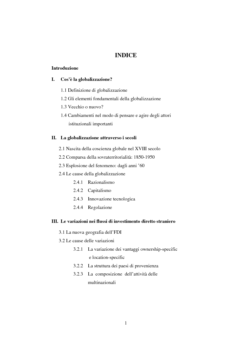Indice della tesi: Effetti del processo di globalizzazione, Pagina 1