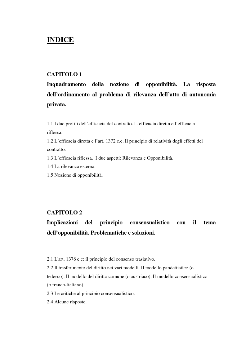 Indice della tesi: L'opponibilità del contratto, Pagina 1