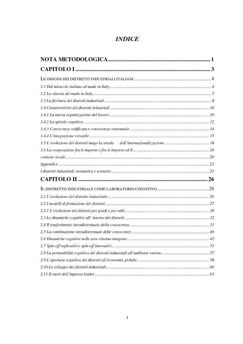 Indice della tesi: Il ruolo della conoscenza nei processi di internazionalizzazione dei distretti industriali, Pagina 1