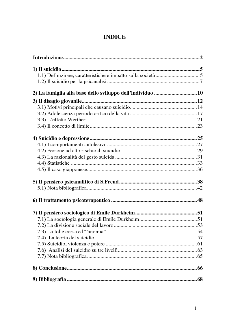 Indice della tesi: Il suicidio, Pagina 1