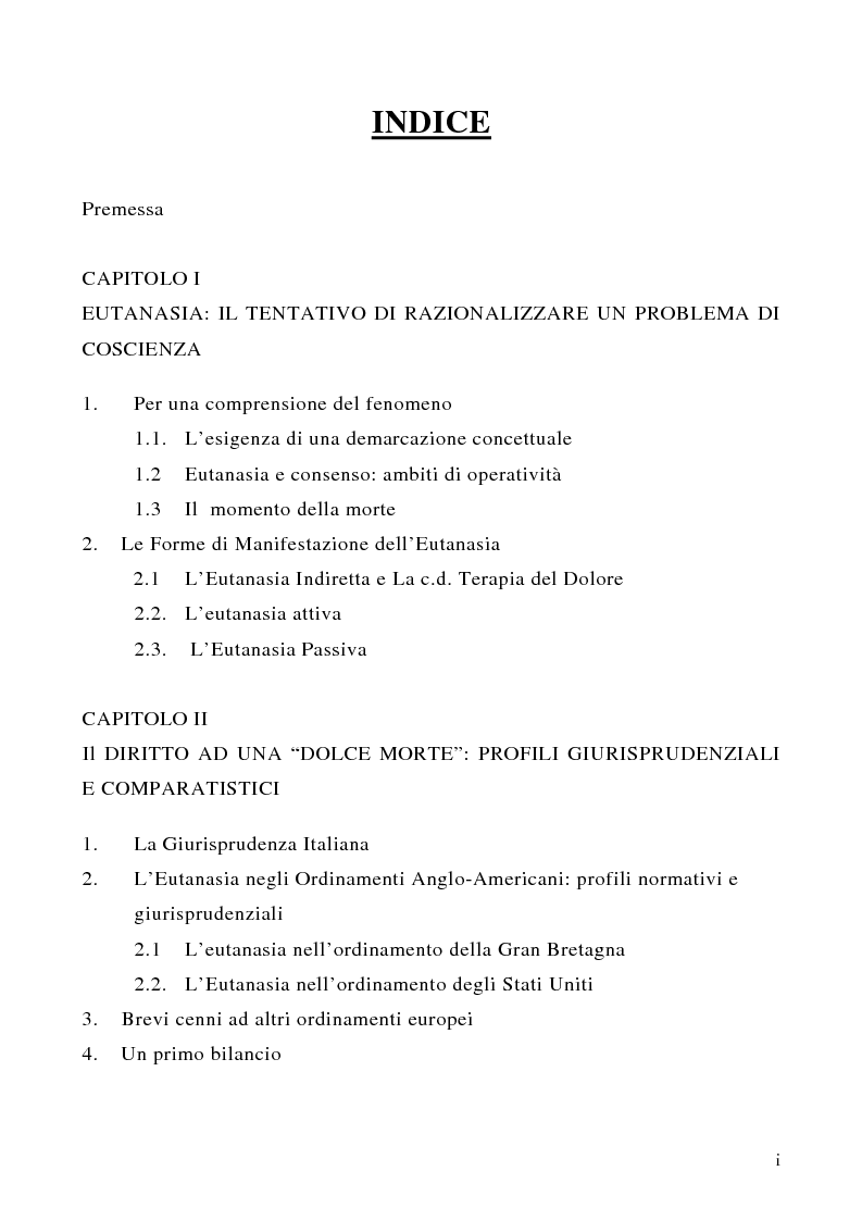 Indice della tesi: Eutanasia e testamento biologico, Pagina 1
