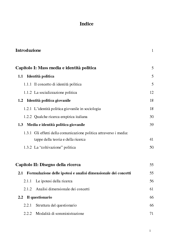 Indice della tesi: Televisione e identità politica giovanile. Analisi della campagna elettorale del 2001., Pagina 1
