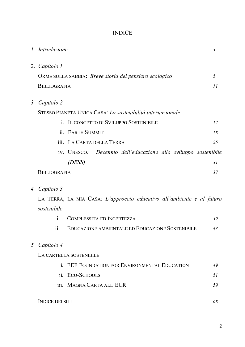 Indice della tesi: Dall'educazione ambientale all'educazione sostenibile: l'Eco-School, Pagina 1