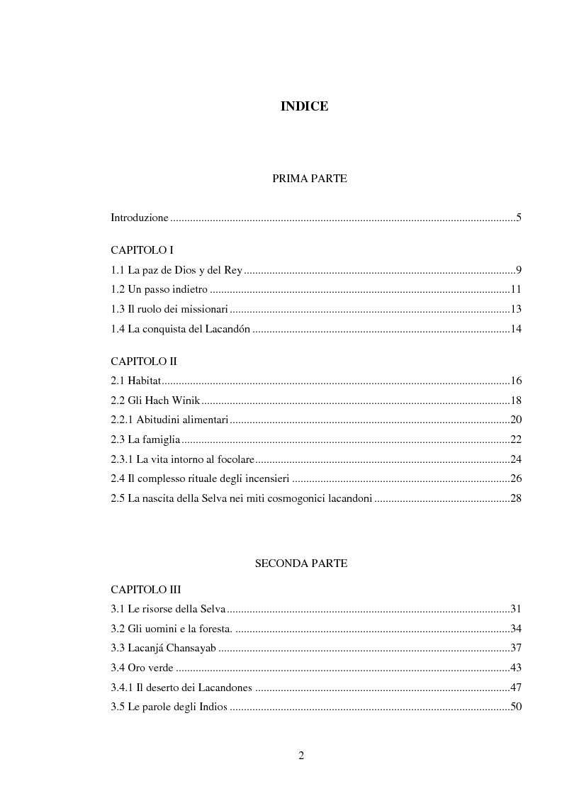 Indice della tesi: Gli Indios e la Foresta. Sguardi indigeni sul processo di deforestazione della Selva Lacandona, Pagina 1