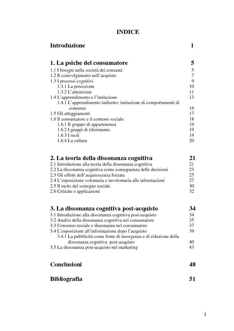 Indice della tesi: La dissonanza cognitiva post-acquisto: Festinger al servizio del marketing, Pagina 1