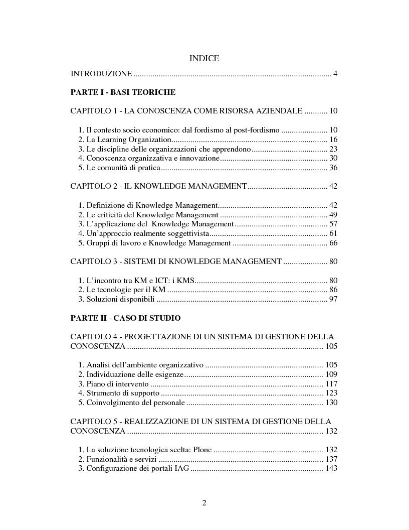 Indice della tesi: Progettazione, realizzazione e monitoraggio di un sistema di gestione della conoscenza in ambito organizzativo / aziendale., Pagina 1