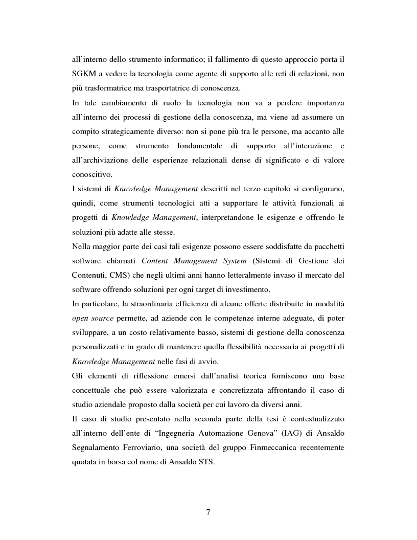 Anteprima della tesi: Progettazione, realizzazione e monitoraggio di un sistema di gestione della conoscenza in ambito organizzativo / aziendale., Pagina 4