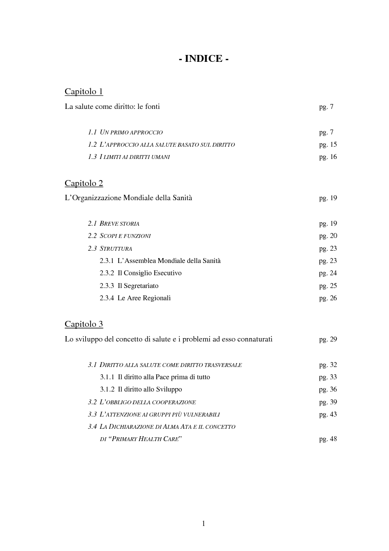 Indice della tesi: Salute: un diritto per tutti? Dalle fonti alla difficile garanzia, Pagina 1