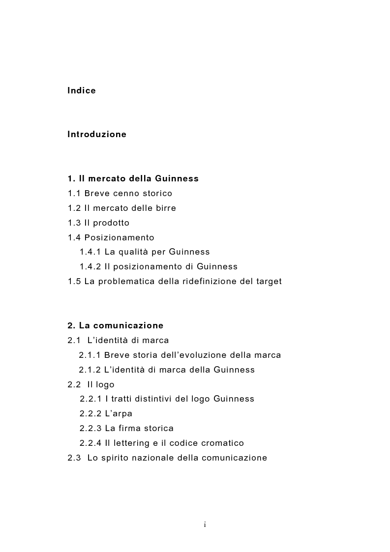 Indice della tesi: La promozione della marca attraverso il museo aziendale: il caso Guinness Storehouse, Pagina 1