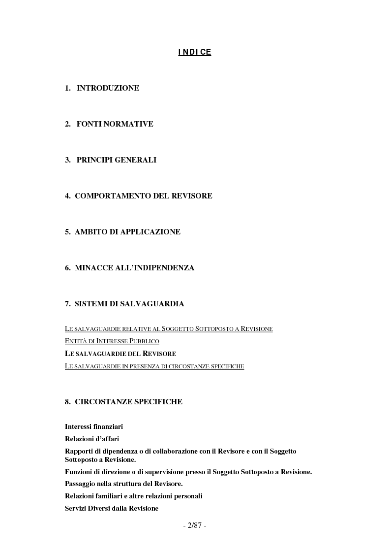 Indice della tesi: Le norme etico-professionali: l'indipendenza legale e professionale del revisore, Pagina 1