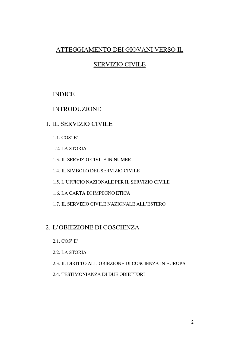 Indice della tesi: Atteggiamento dei giovani verso il servizio civile, Pagina 1