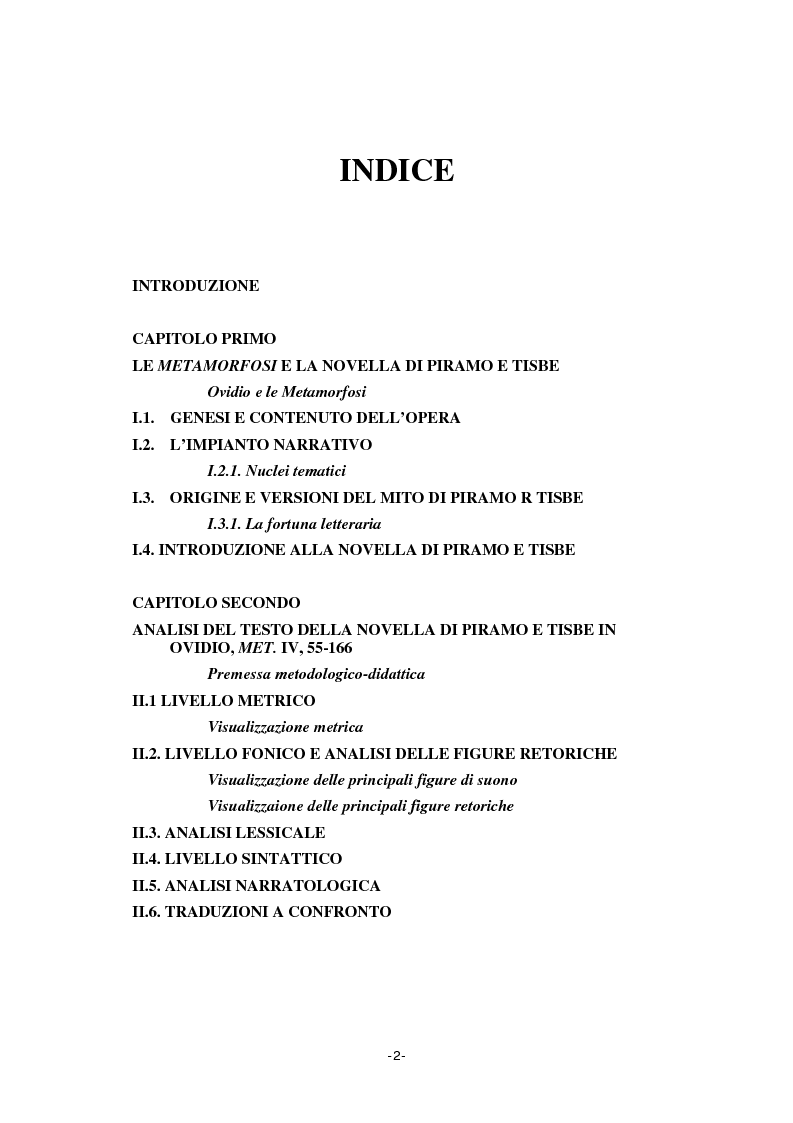 Indice della tesi: Le Metamorfosi di Ovidio in prospettiva didattica: la storia di Piramo e Tisbe, Pagina 1