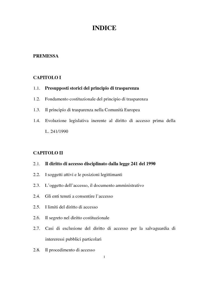 Indice della tesi: Il diritto di accesso agli atti e ai documenti presso la Pubblica Amministrazione, Pagina 1