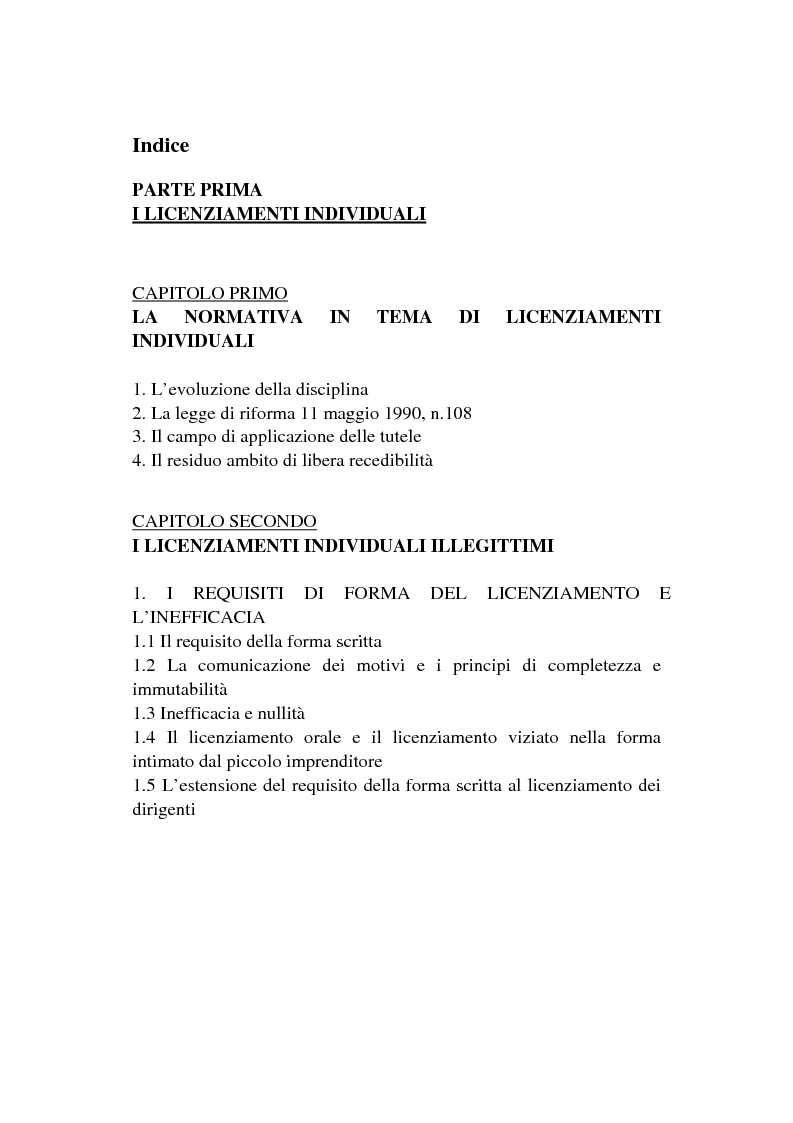 Indice della tesi: I licenziamenti invalidi ed i regimi sanzionatori, Pagina 1