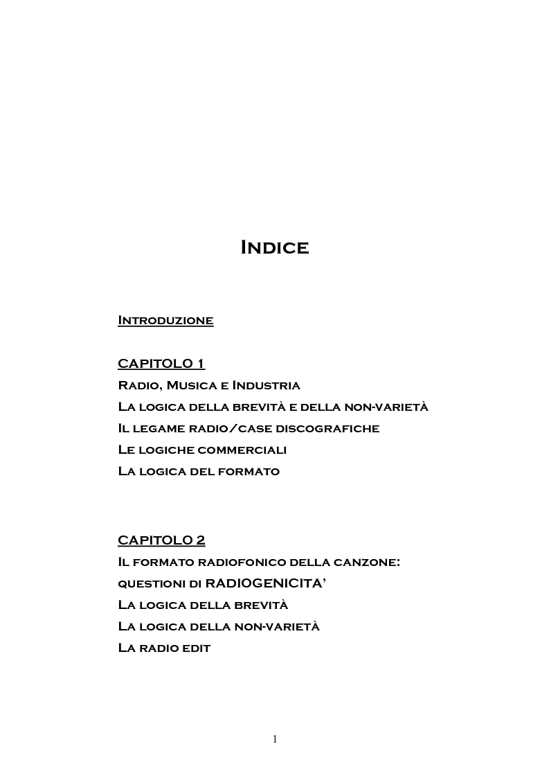 Indice della tesi: Onde di Musica. L'influenza del mezzo radiofonico sulla produzione musicale, Pagina 1