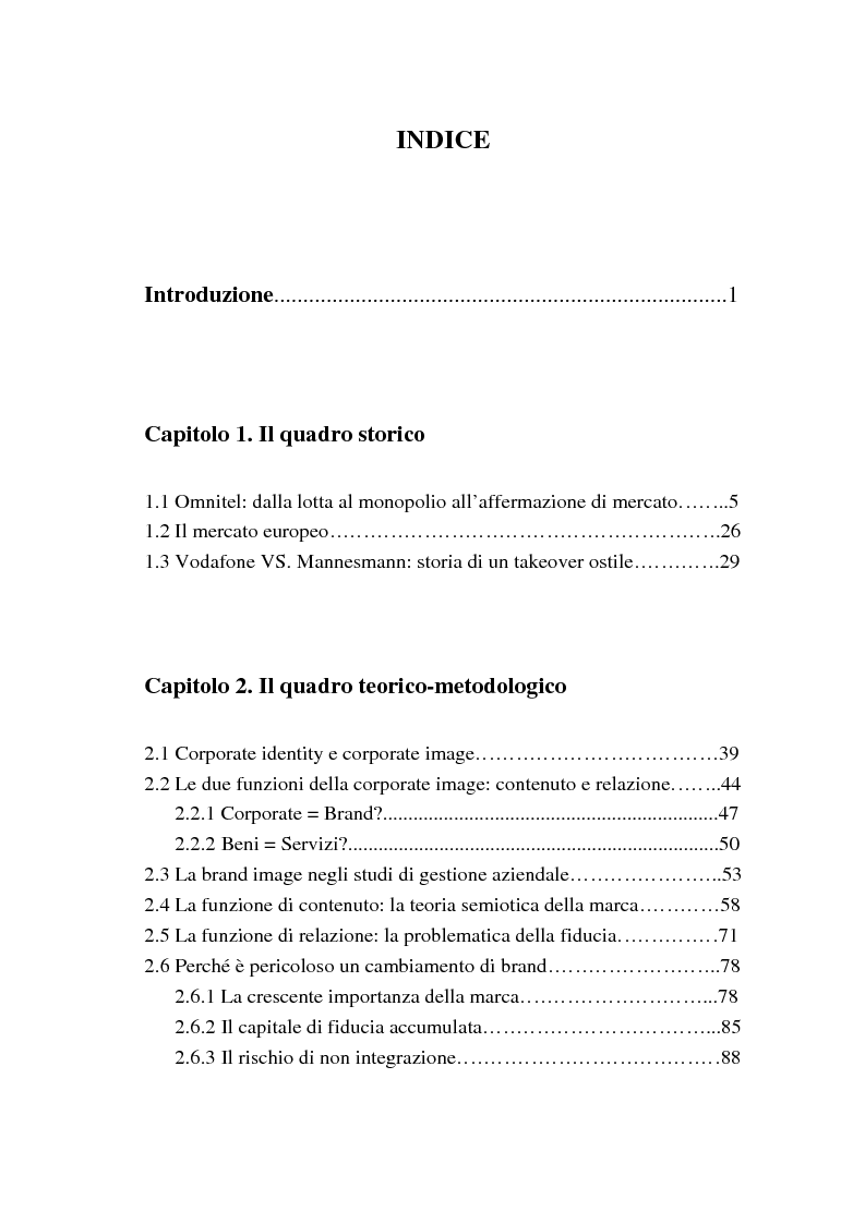 Indice della tesi: Da Omnitel a Vodafone: la gestione strategica del cambiamento di brand, Pagina 1