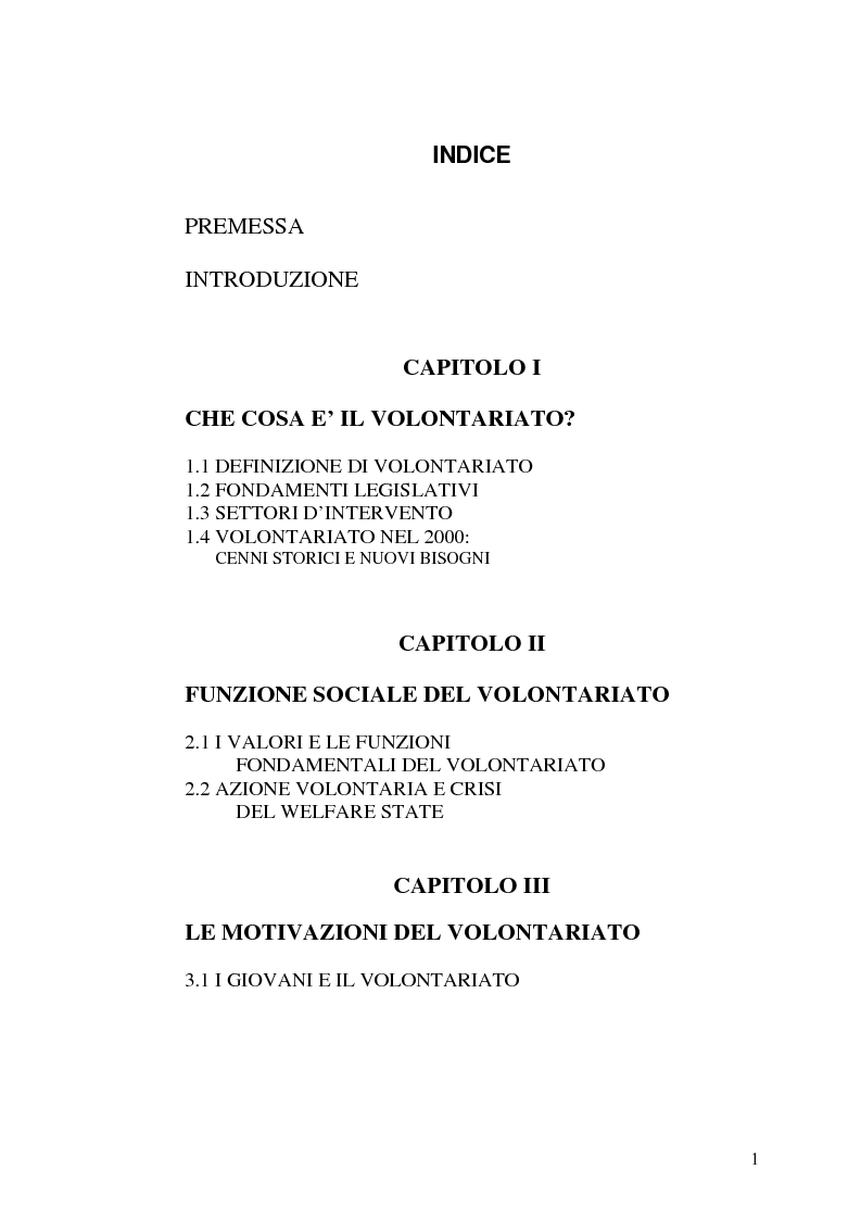Indice della tesi: Il senso del volontariato, Pagina 1