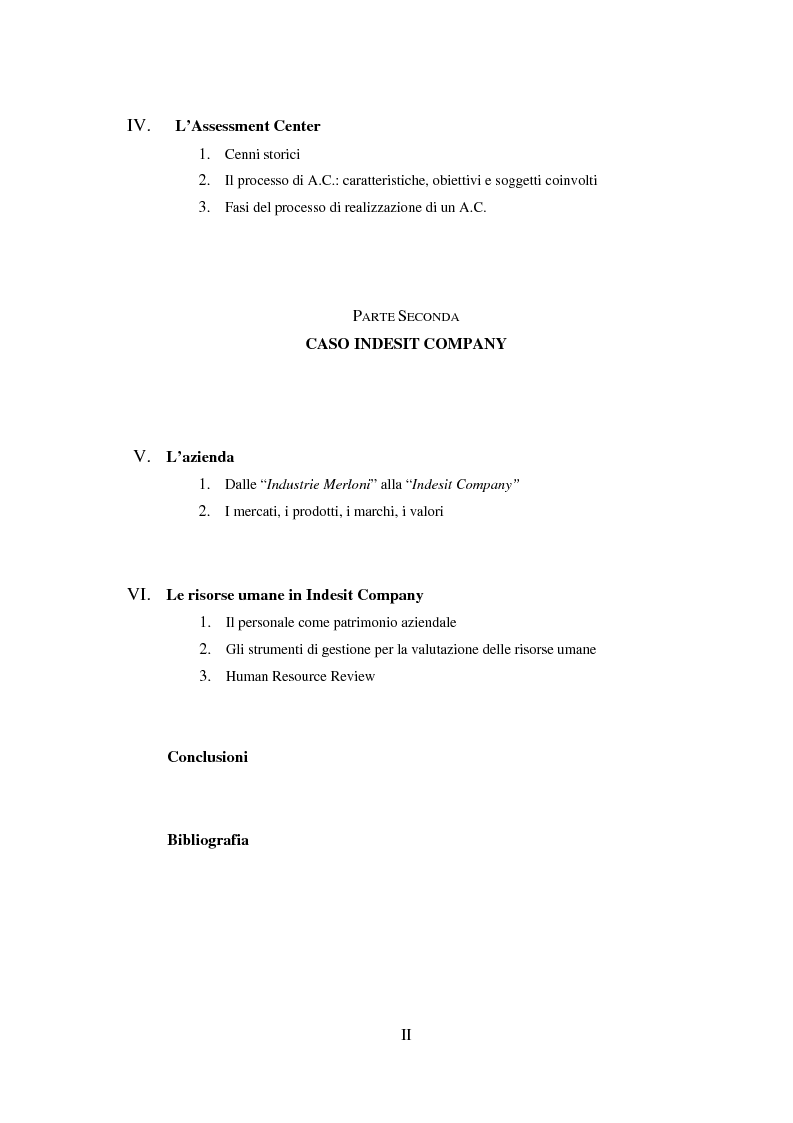 Indice della tesi: La valutazione del potenziale delle risorse umane, Pagina 2