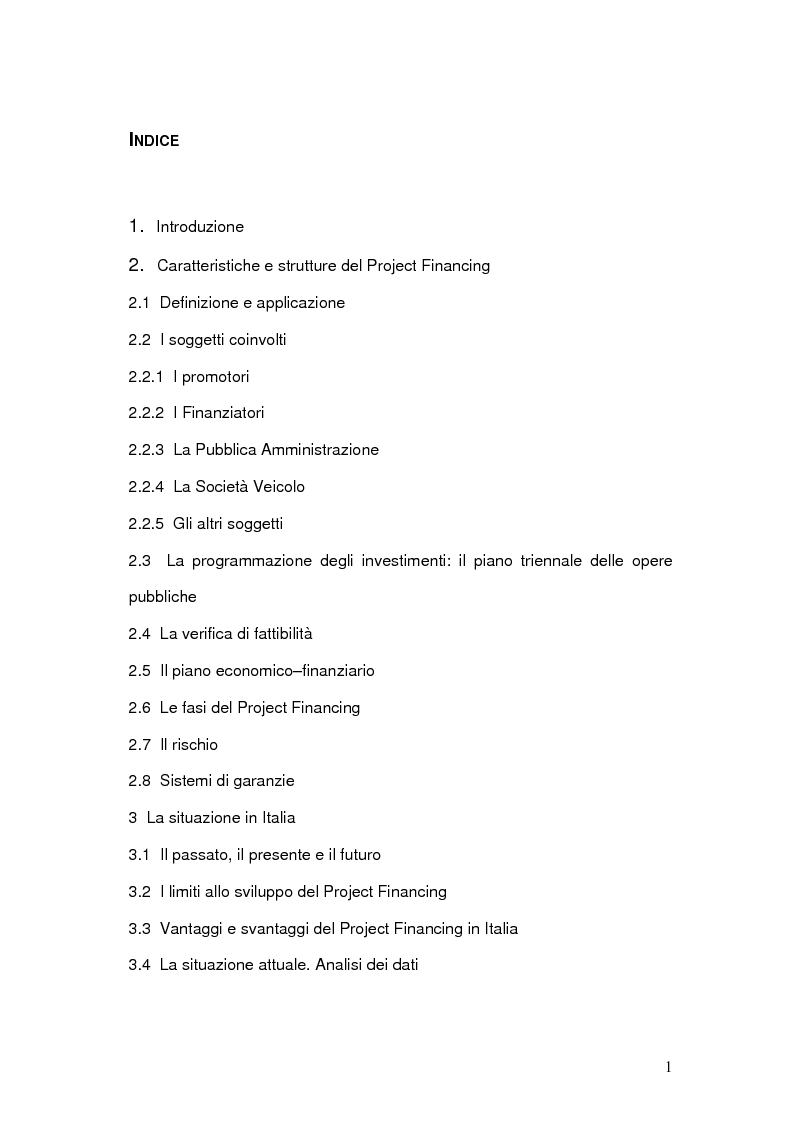 Indice della tesi: Project Financing per enti locali: Quali aspettative?, Pagina 1
