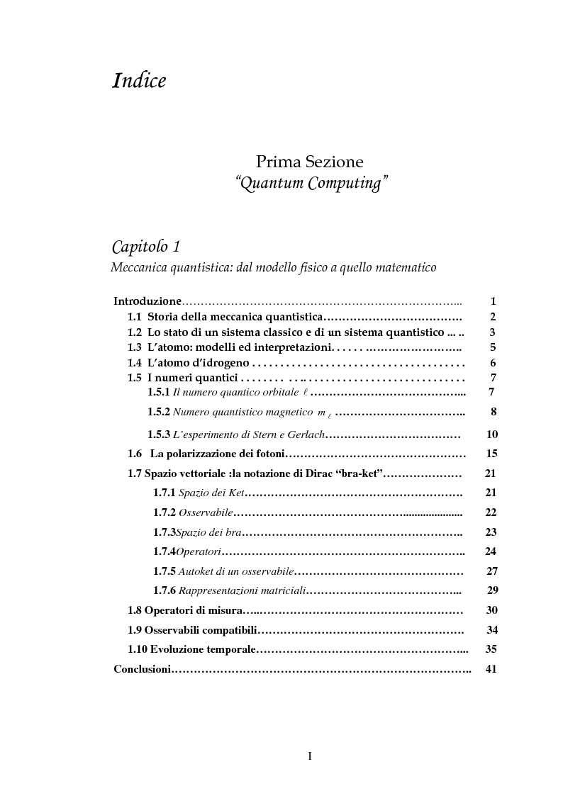 Indice della tesi: Studio di codici correttori nell'ambito dell'elaborazione quantistica dell'Informazione, Pagina 1