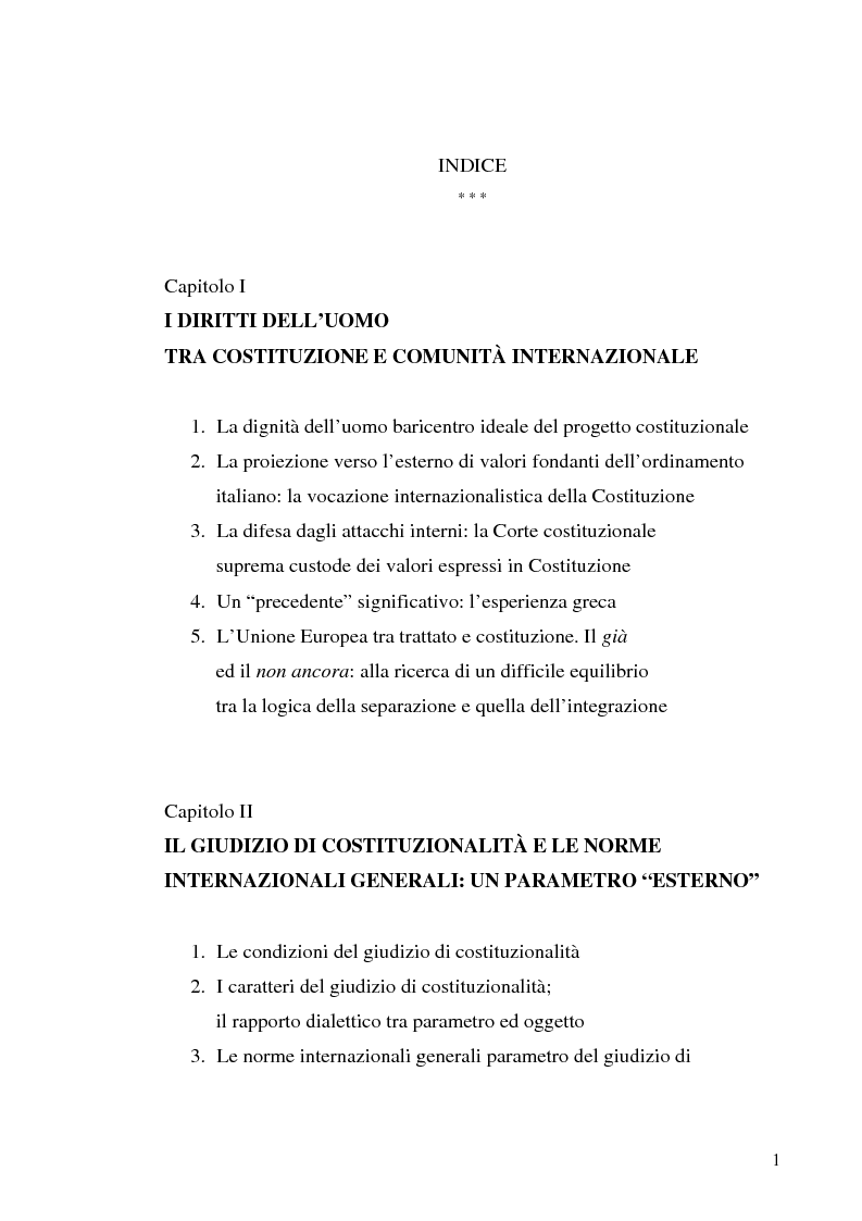 Indice della tesi: Norme internazionali e giudizio di costituzionalità, Pagina 1
