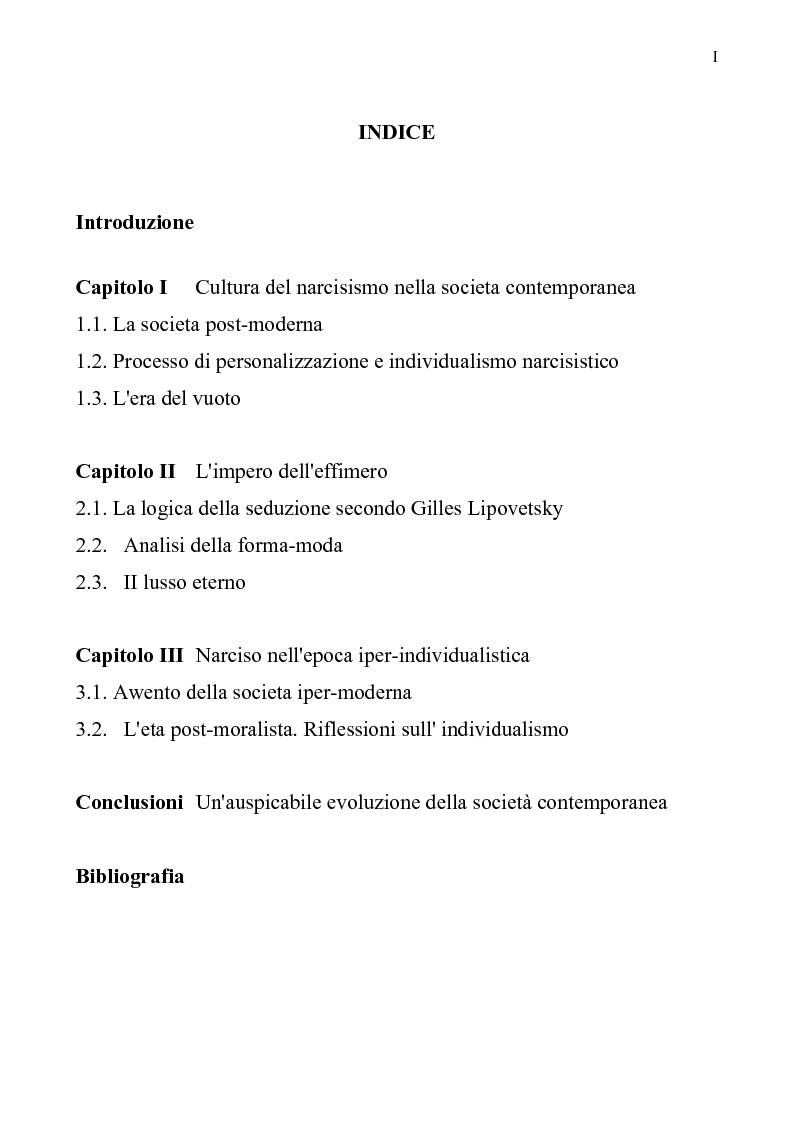 Indice della tesi: Narciso e la sostenibile pesantezza dell'effimero, Pagina 1