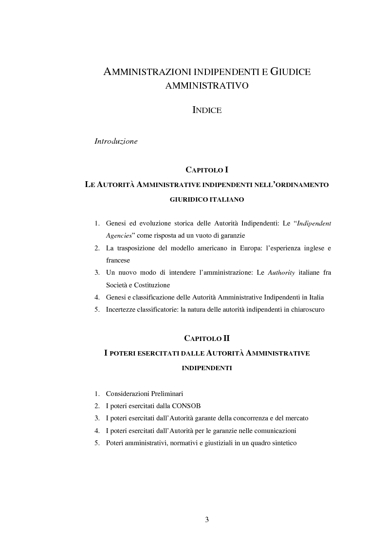 Indice della tesi: Amministrazioni Indipendenti e Giudice Amministrativo, Pagina 1