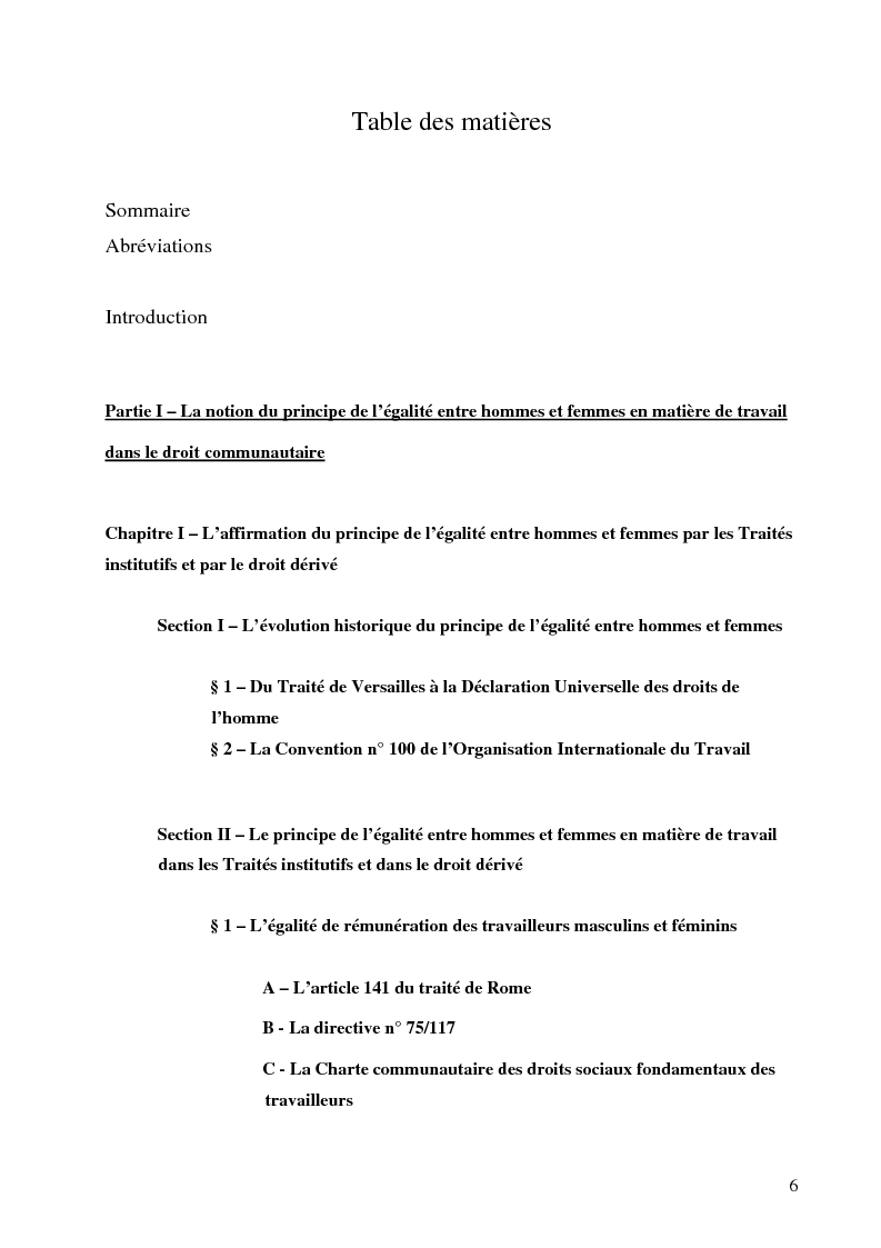 Indice della tesi: L'application par la France et l’ Italie du principe européen d'égalité entre hommes et femmes en matière de travail, Pagina 1