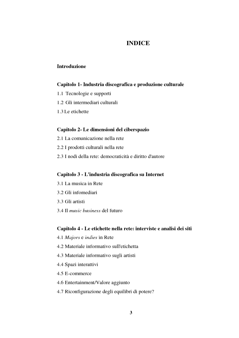 Indice della tesi: La musica nella Rete. Riconfigurazione del mercato nello spazio telematico., Pagina 1