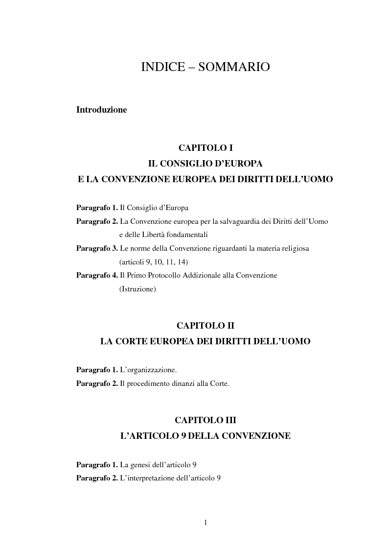 Indice della tesi: Il fattore religioso nella Convenzione europea dei Diritti dell'Uomo e la condizione delle Chiese in alcune sentenze della Corte di Strasburgo, Pagina 1