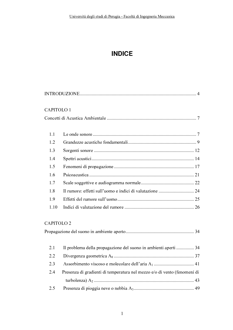 Indice della tesi: Influenza delle Condizioni Meteorologiche sulla Propagazione del rumore generato da Infrastrutture Stradali, Pagina 1