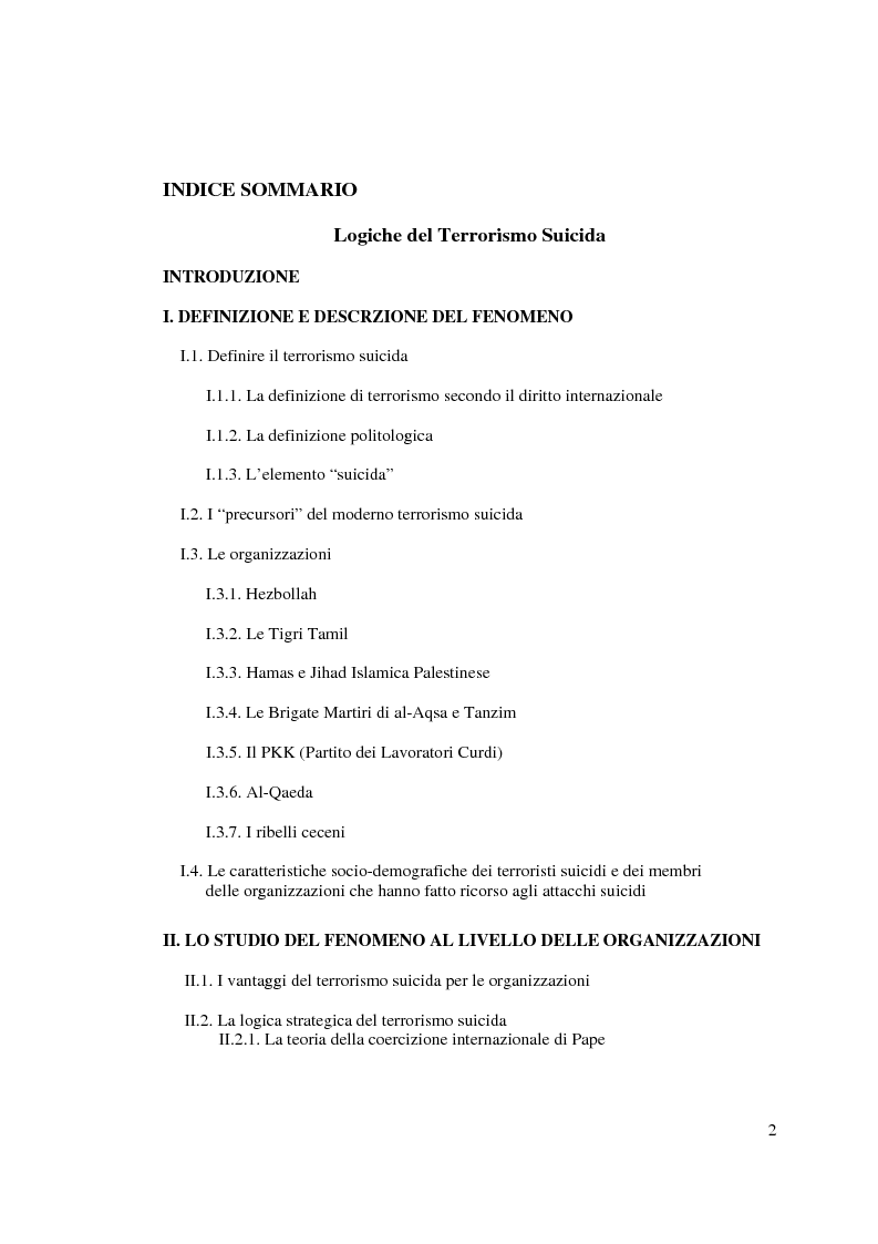 Indice della tesi: Logiche del terrorismo suicida, Pagina 1
