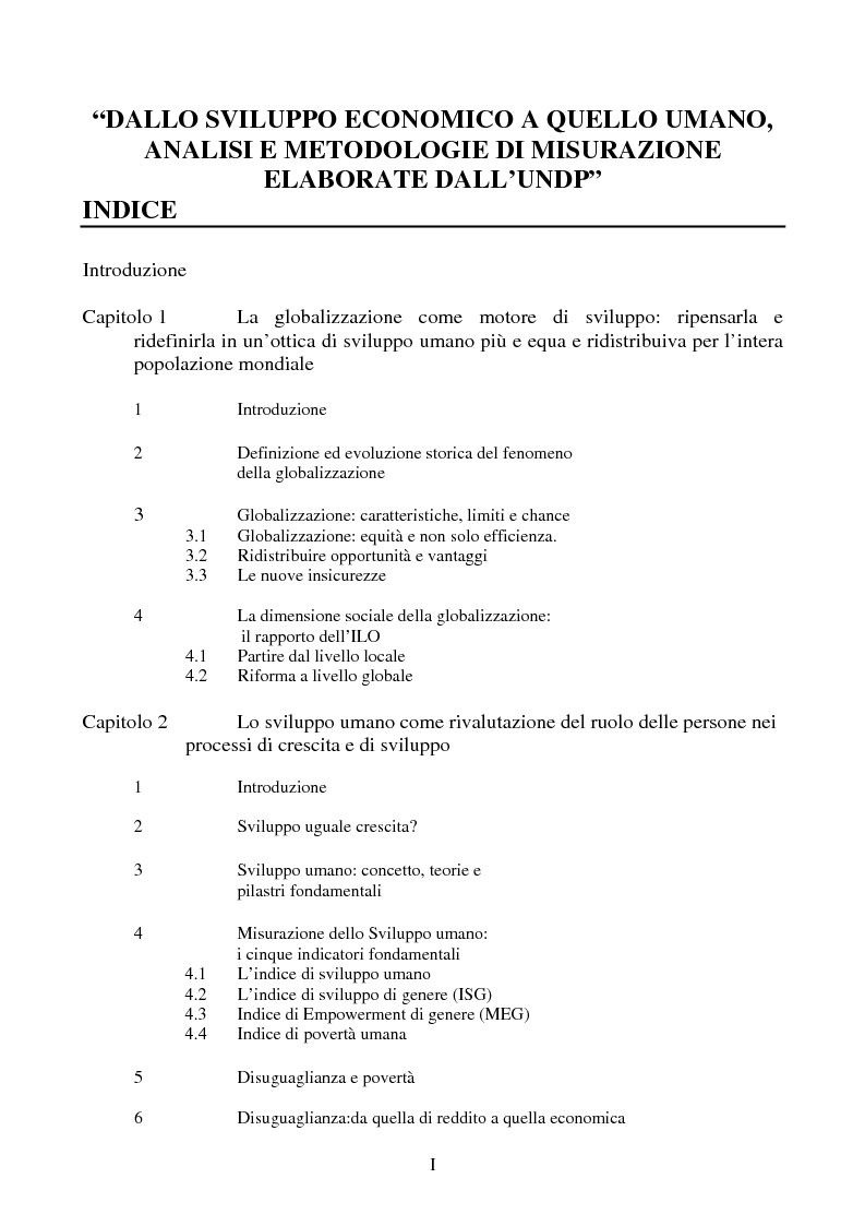 Indice della tesi: Dallo sviluppo economico a quello umano: analisi e metodologie di misurazione elaborate dall'UNDP, Pagina 1