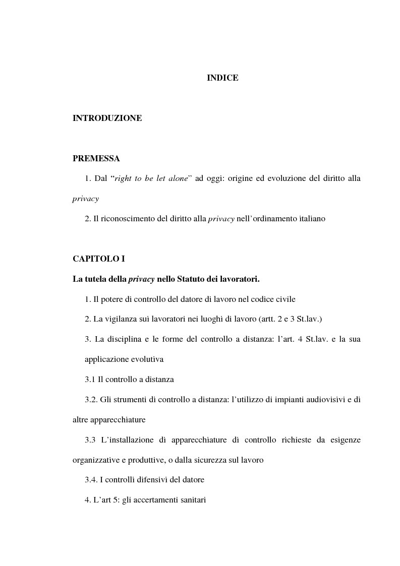 Indice della tesi: Rapporto di lavoro e privacy, Pagina 1