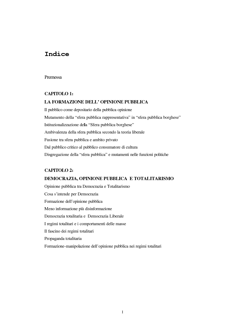 Indice della tesi: Opinione pubblica e democrazia nel pensiero politico, Pagina 1