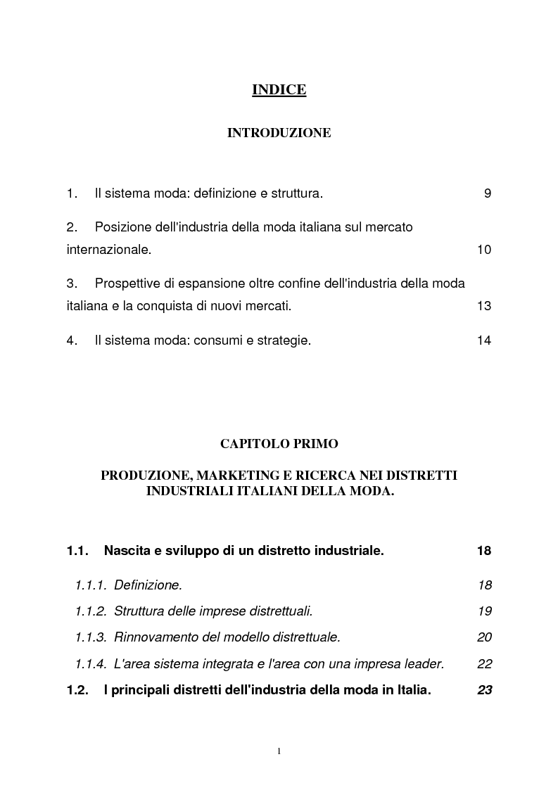 Indice della tesi: L'industria della moda (il caso italiano e alcuni confronti internazionali), Pagina 1