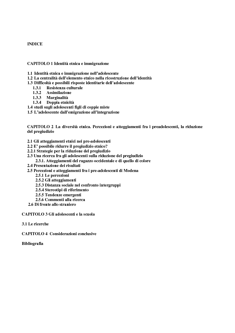 Indice della tesi: Adolescenti e immigrazione, Pagina 1