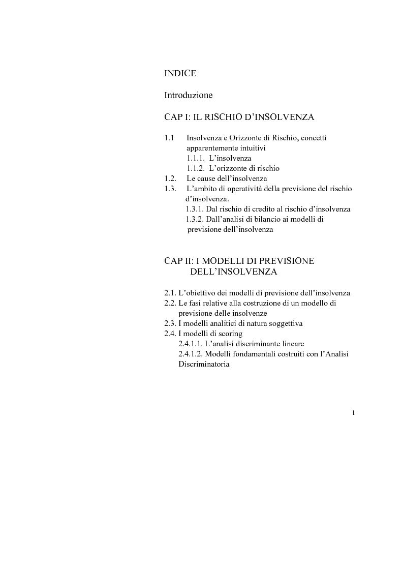Indice della tesi: I Modelli Economico-Aziendali: la previsione di insolvenza alla luce di Basilea 2, Pagina 1