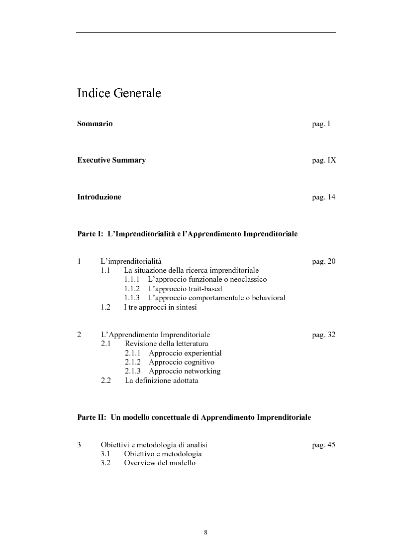 Indice della tesi: Il processo di Apprendimento Imprenditoriale nelle start-up high-tech: un modello concettuale e l'analisi di alcuni casi italiani., Pagina 1