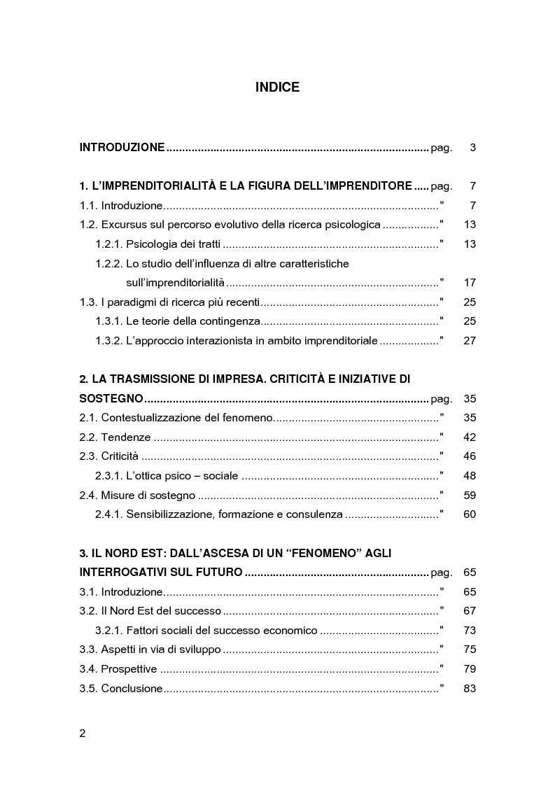 Indice della tesi: La validazione del Test di Attitudine Imprenditoriale (T.A.I.) attraverso un campione di imprenditori, Pagina 1
