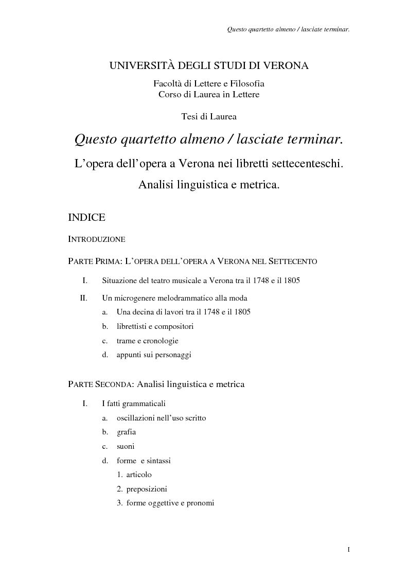 Indice della tesi: Questo quartetto almeno lasciate terminar. L’opera dell’opera a Verona nei libretti settecenteschi., Pagina 1