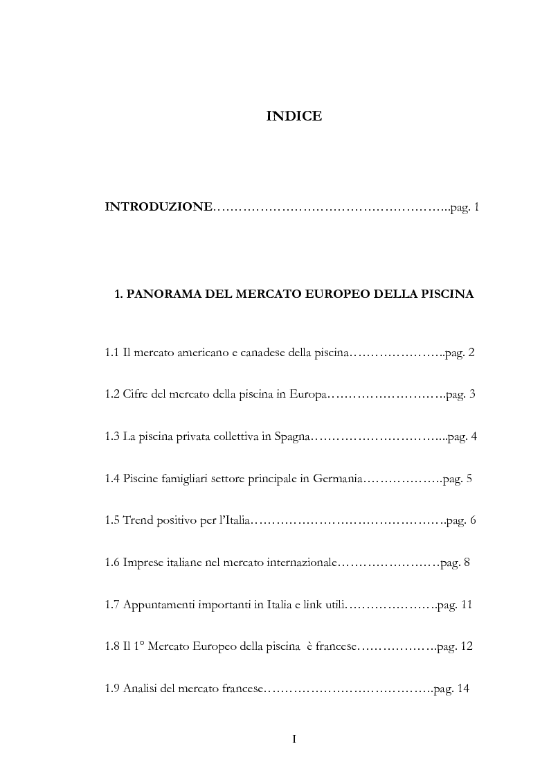 Indice della tesi: Il mercato delle piscine e del wellness. Il Salone Mondiale di Lyon ''Piscine 2006''., Pagina 1