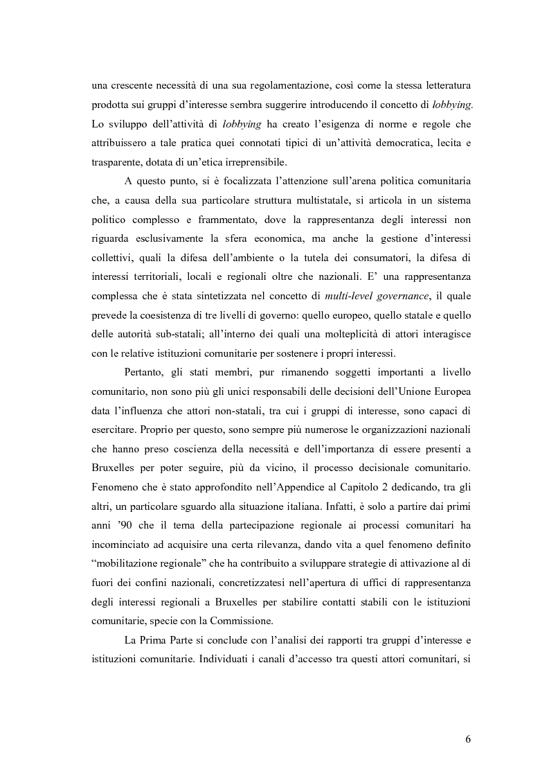 Anteprima della tesi: La rappresentanza degli interessi a livello comunitario. Esperienze regionali a confronto, Pagina 3