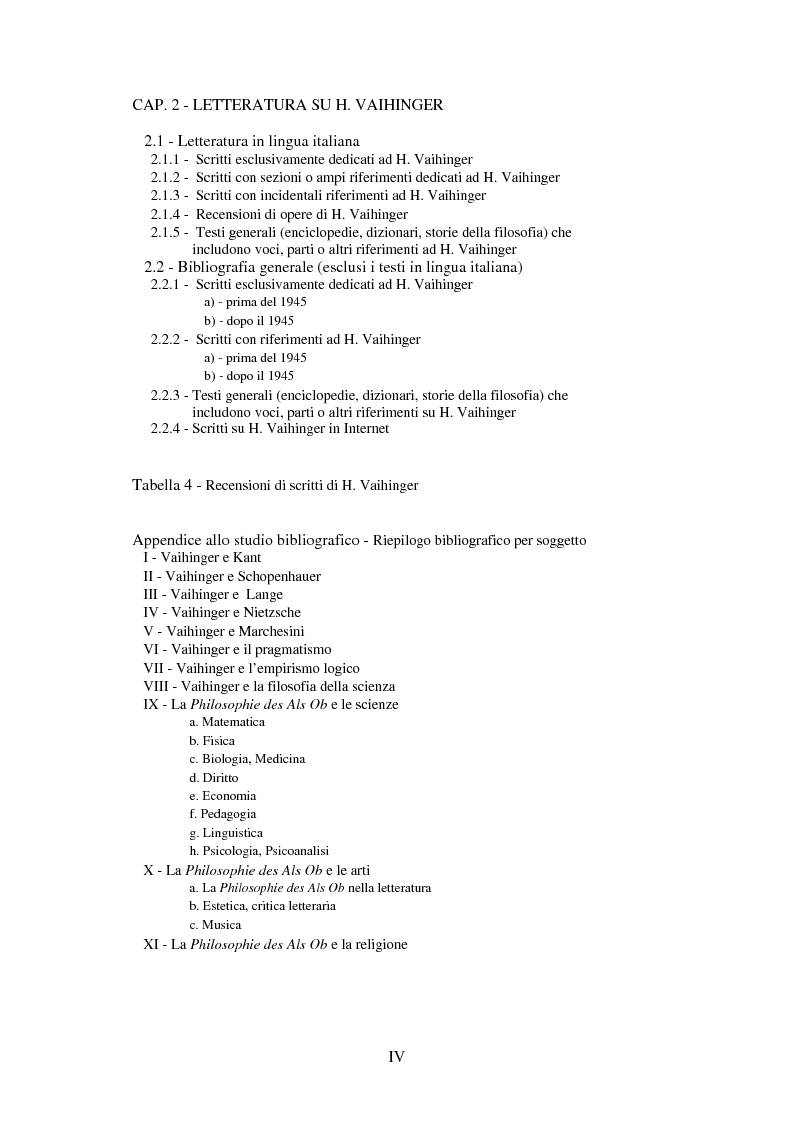 Indice della tesi: Hans Vaihinger (1852-1933) e la 'Philosophie des Als Ob'. Studio storico-genetico, critico e bibliografico sulla teoria finzionistica della conoscenza, Pagina 4