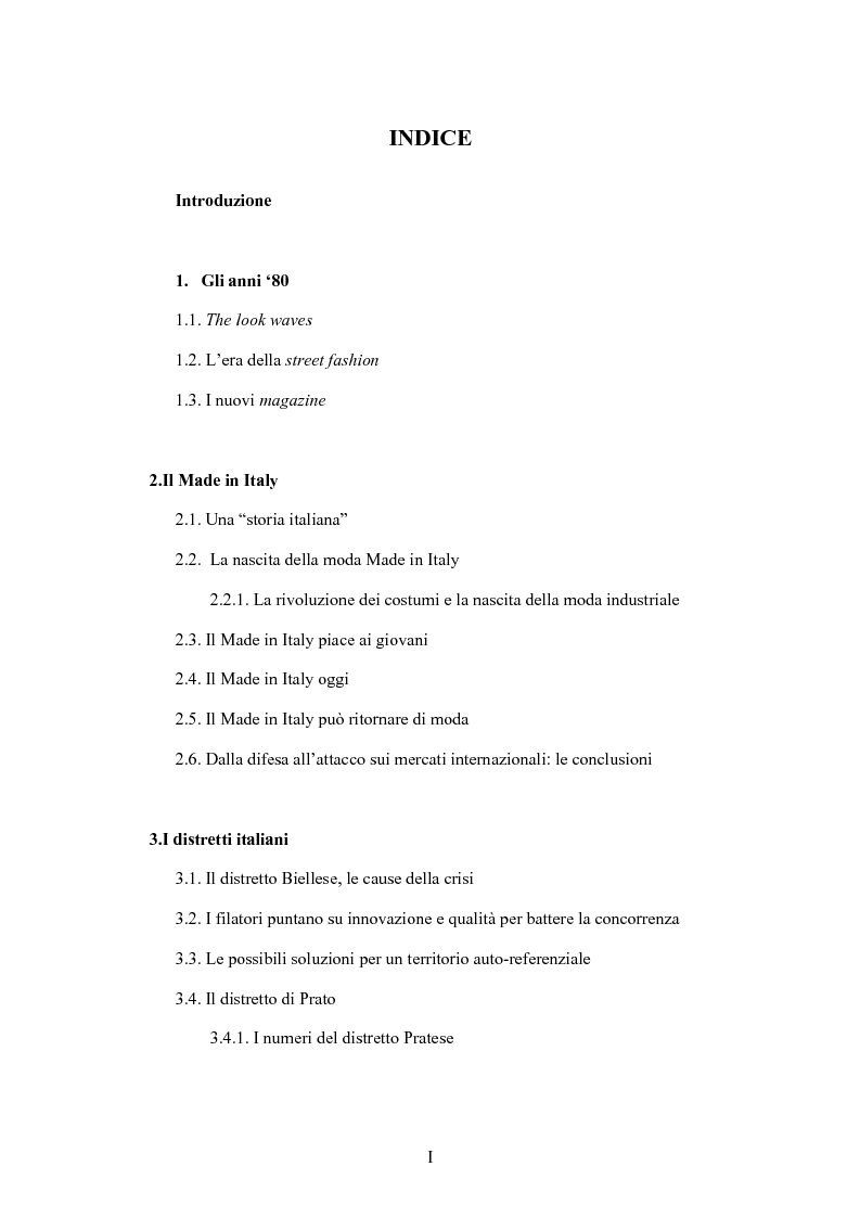 Indice della tesi: Maglia e sistema moda. L'esperienza di Miss Deanna Ferretti Veroni, Pagina 1