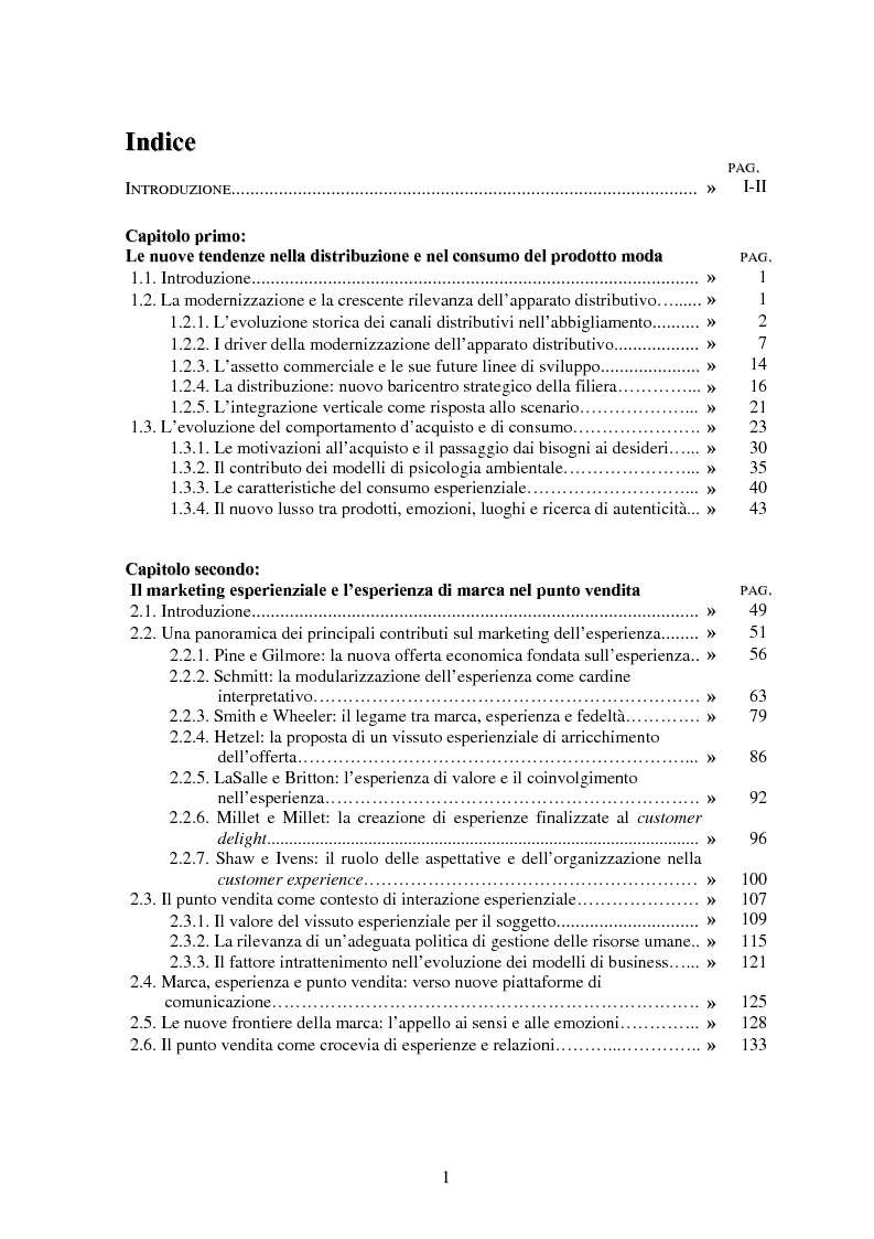 Indice della tesi: Marketing esperienziale e punto vendita nell'abbigliamento: aspetti concettuali ed applicativi, Pagina 1